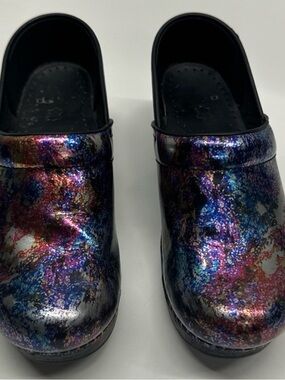 Dansko Metallic Multicolor Leather Clogs - Silver, Blue, Pink